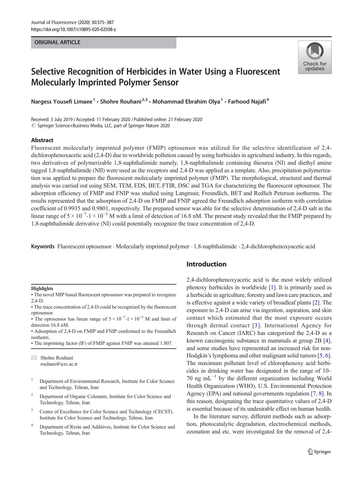 Selective Recognition of Herbicides in Water Using a Fluorescent Molecularly Imprinted Polymer Sensor by Nargess Yousefi Limaee & Shohre Rouhani & Mohammad Ebrahim Olya & Farhood Najafi