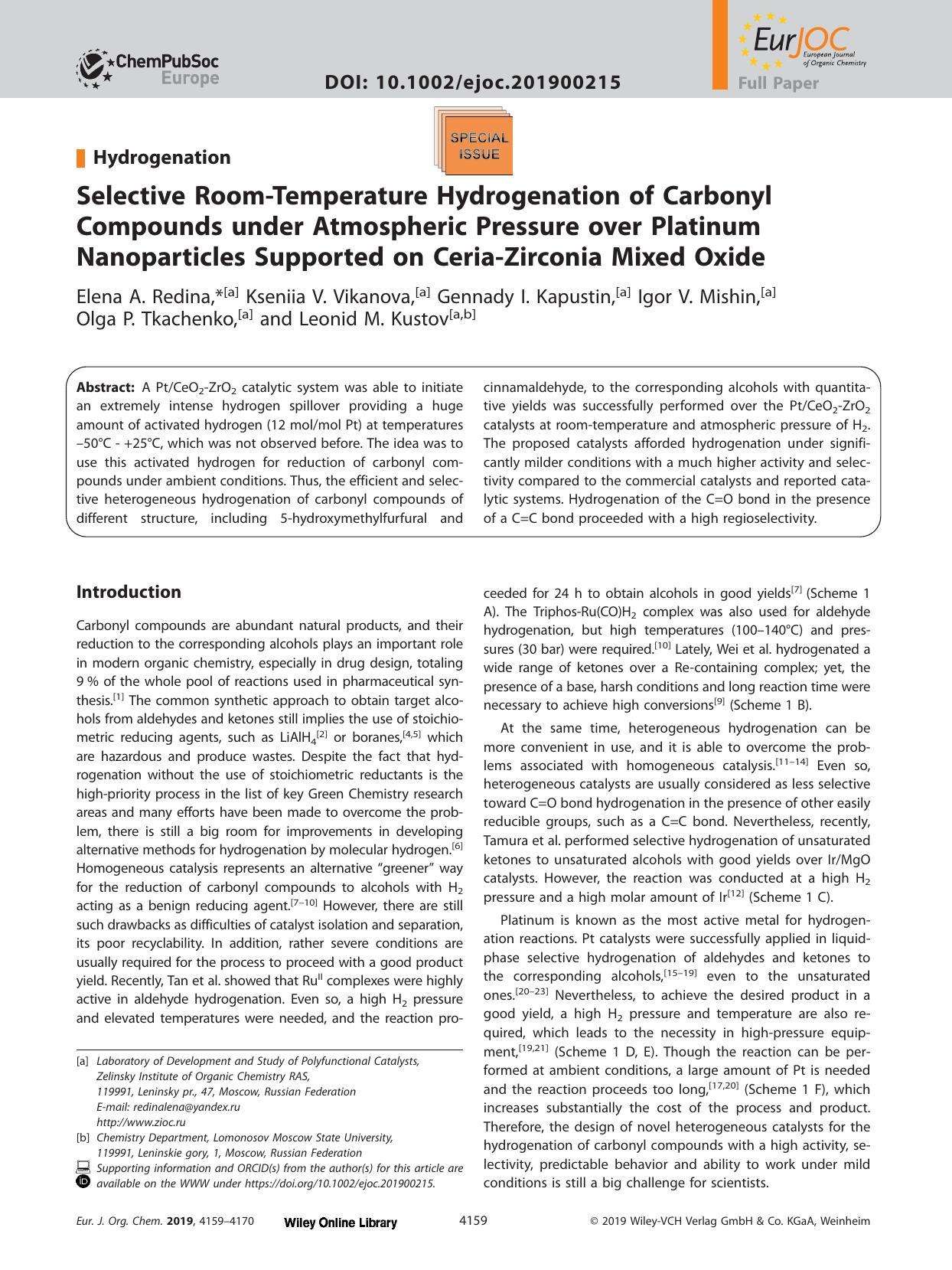 Selective Room&#x02010;Temperature Hydrogenation of Carbonyl Compounds under Atmospheric Pressure over Platinum Nanoparticles Supported on Ceria&#x02010;Zirconia Mixed Oxide by Unknown