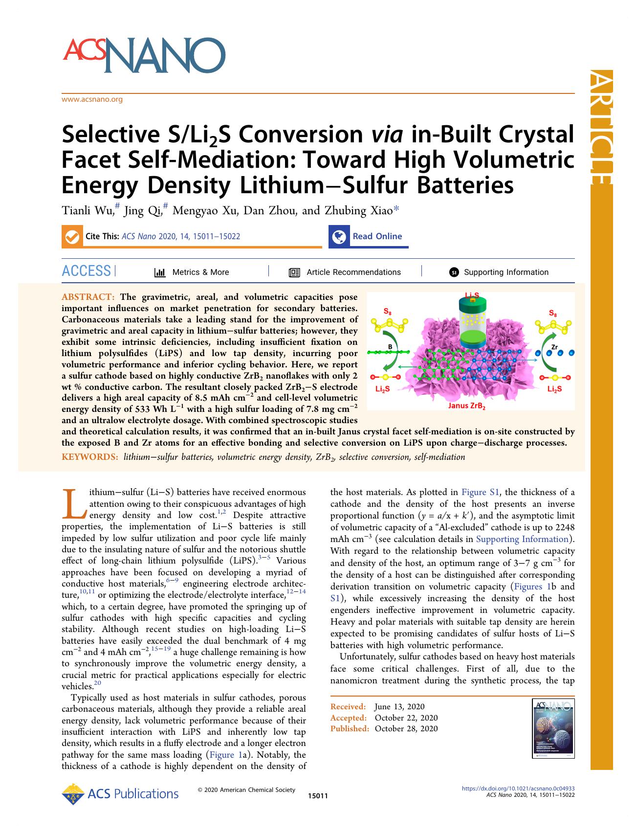 Selective SLi2S Conversion via in-Built Crystal Facet Self-Mediation: Toward High Volumetric Energy Density LithiumâSulfur Batteries by Tianli Wu Jing Qi Mengyao Xu Dan Zhou and Zhubing Xiao
