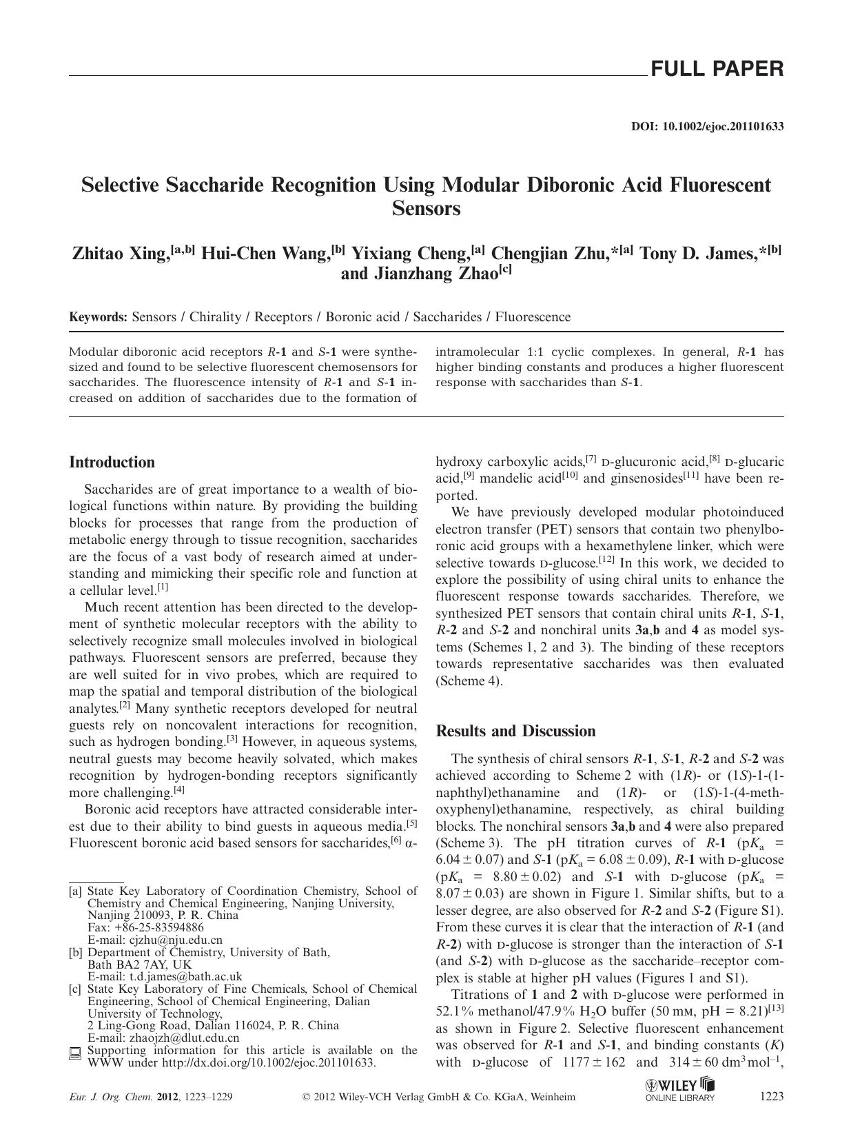 Selective Saccharide Recognition Using Modular Diboronic Acid Fluorescent Sensors by Unknown