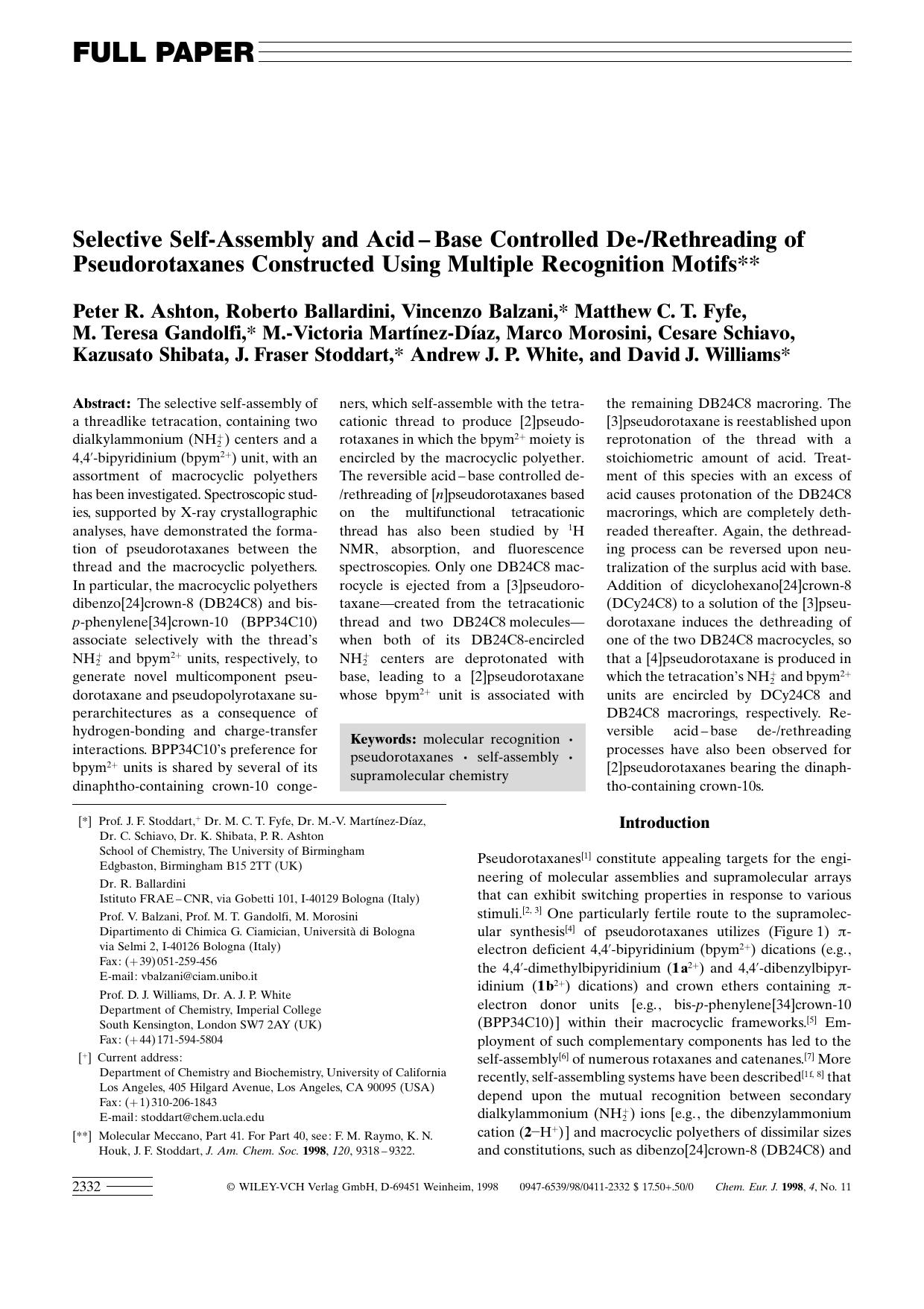 Selective Self-Assembly and Acid-Base Controlled De-Rethreading of Pseudorotaxanes Constructed Using Multiple Recognition Motifs by Unknown