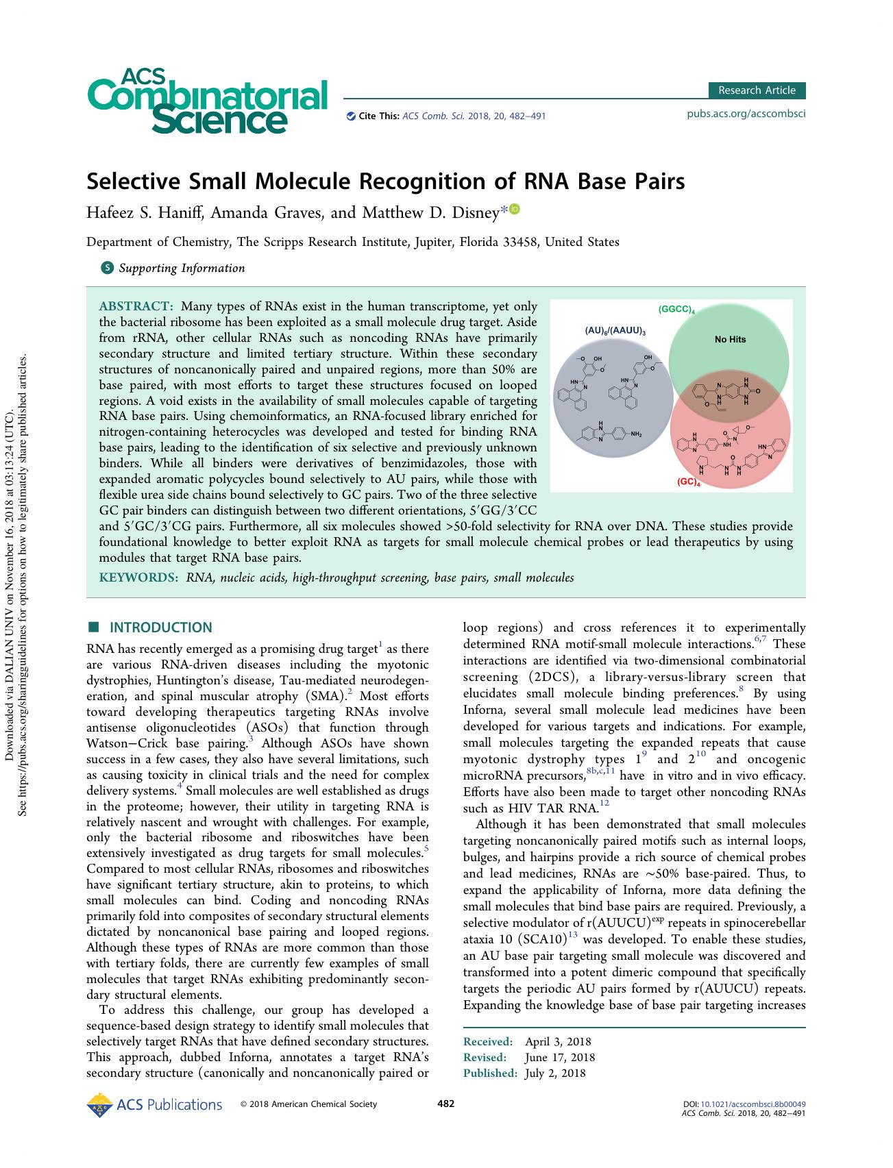 Selective Small Molecule Recognition of RNA Base Pairs by Hafeez S. Haniff & Amanda Graves & Matthew D. Disney