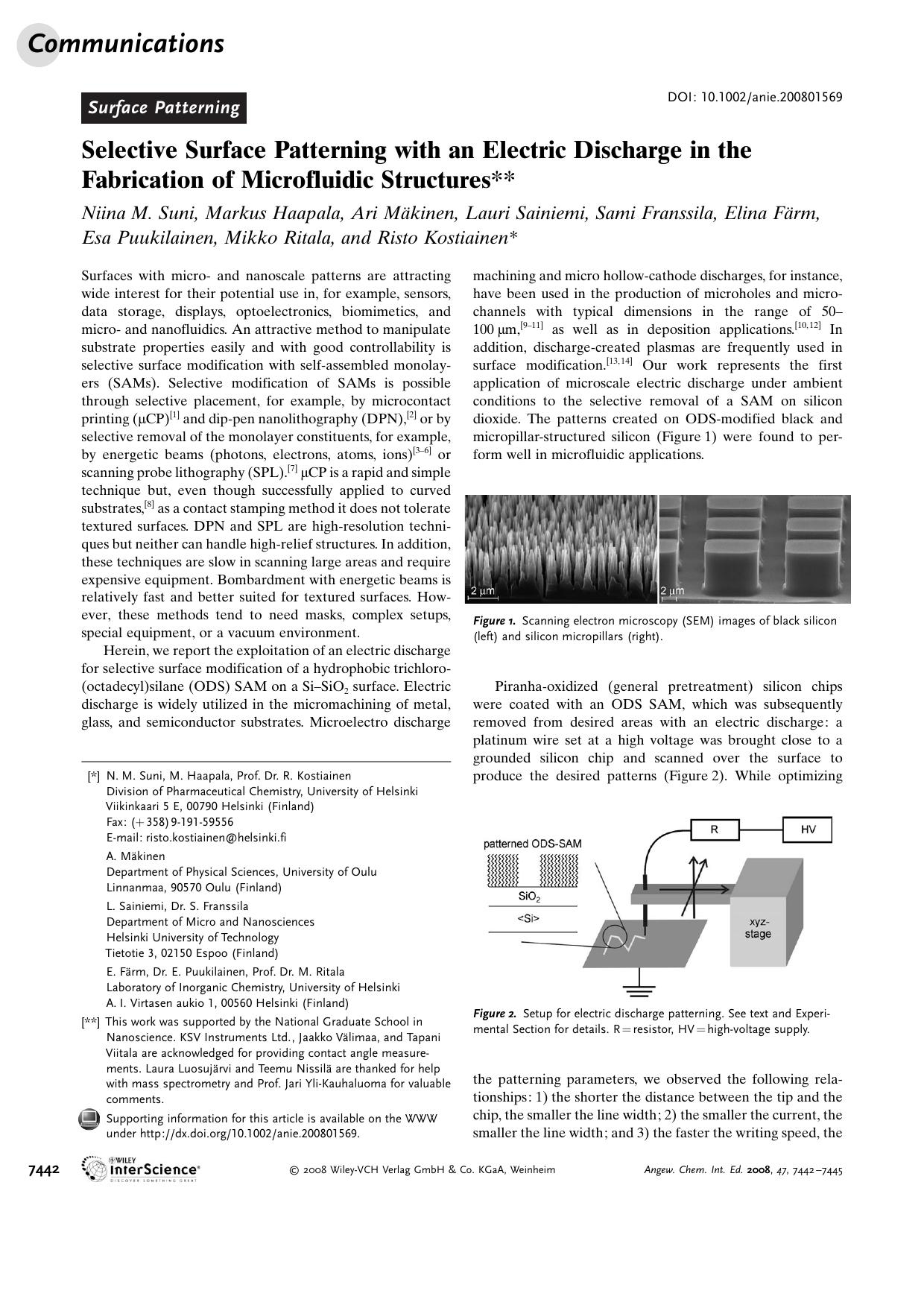 Selective Surface Patterning with an Electric Discharge in the Fabrication of Microfluidic Structures by Unknown