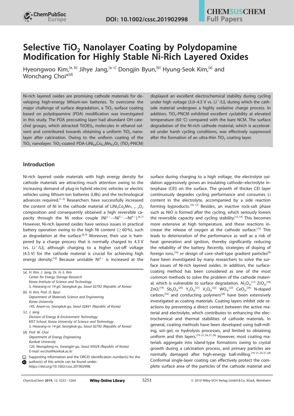 Selective TiO2 Nanolayer Coating by Polydopamine Modification for Highly Stable NiâRich Layered Oxides by Unknown