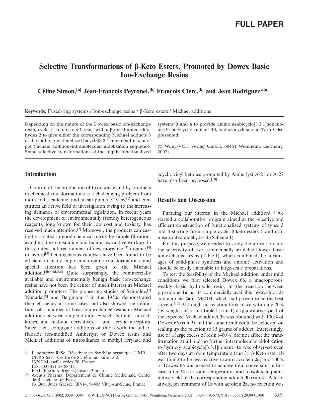 Selective Transformations of [beta]-Keto Esters, Promoted by Dowex Basic Ion-Exchange Resins by Unknown