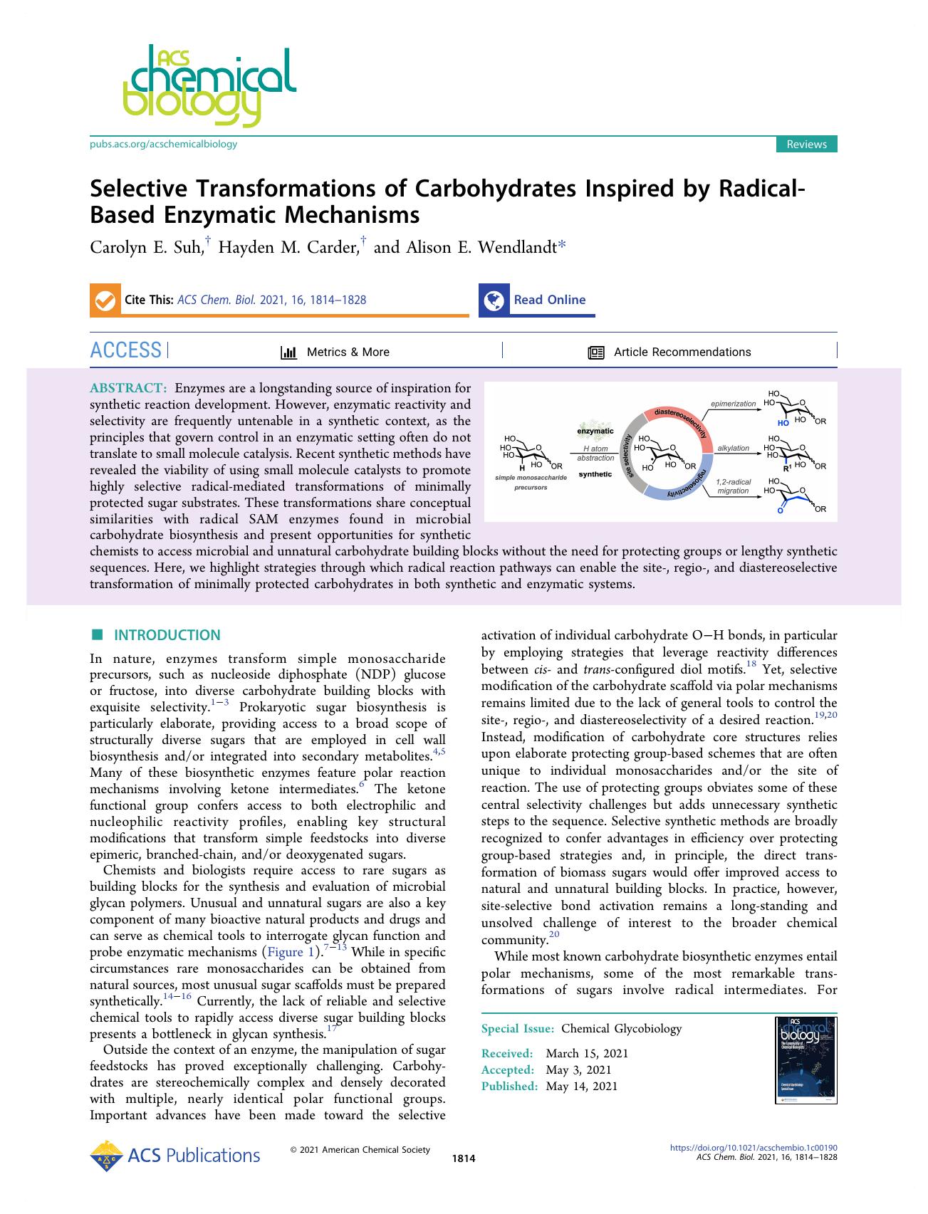 Selective Transformations of Carbohydrates Inspired by Radical-Based Enzymatic Mechanisms by Carolyn E. Suh Hayden M. Carder and Alison E. Wendlandt