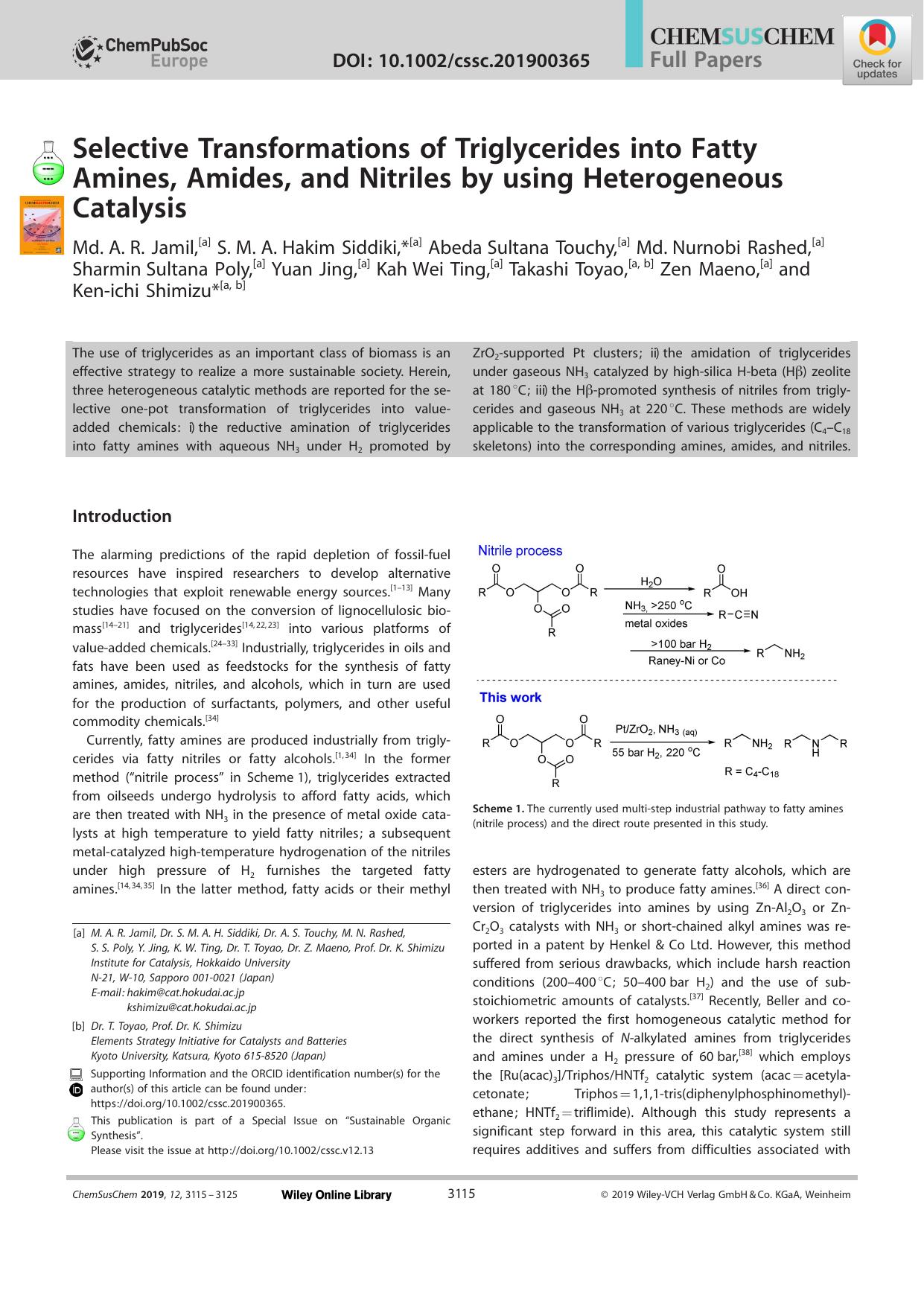 Selective Transformations of Triglycerides into Fatty Amines, Amides, and Nitriles by using Heterogeneous Catalysis by Unknown