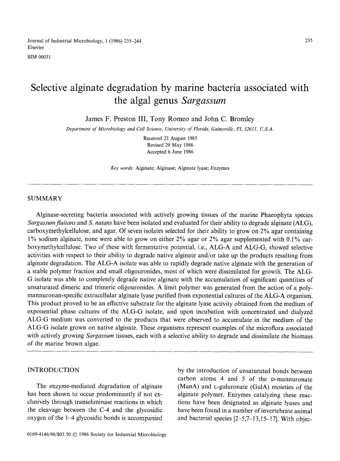 Selective alginate degradation by marine bacteria associated with the algal genus <Emphasis Type="Italic">Sargassum <Emphasis> by Unknown