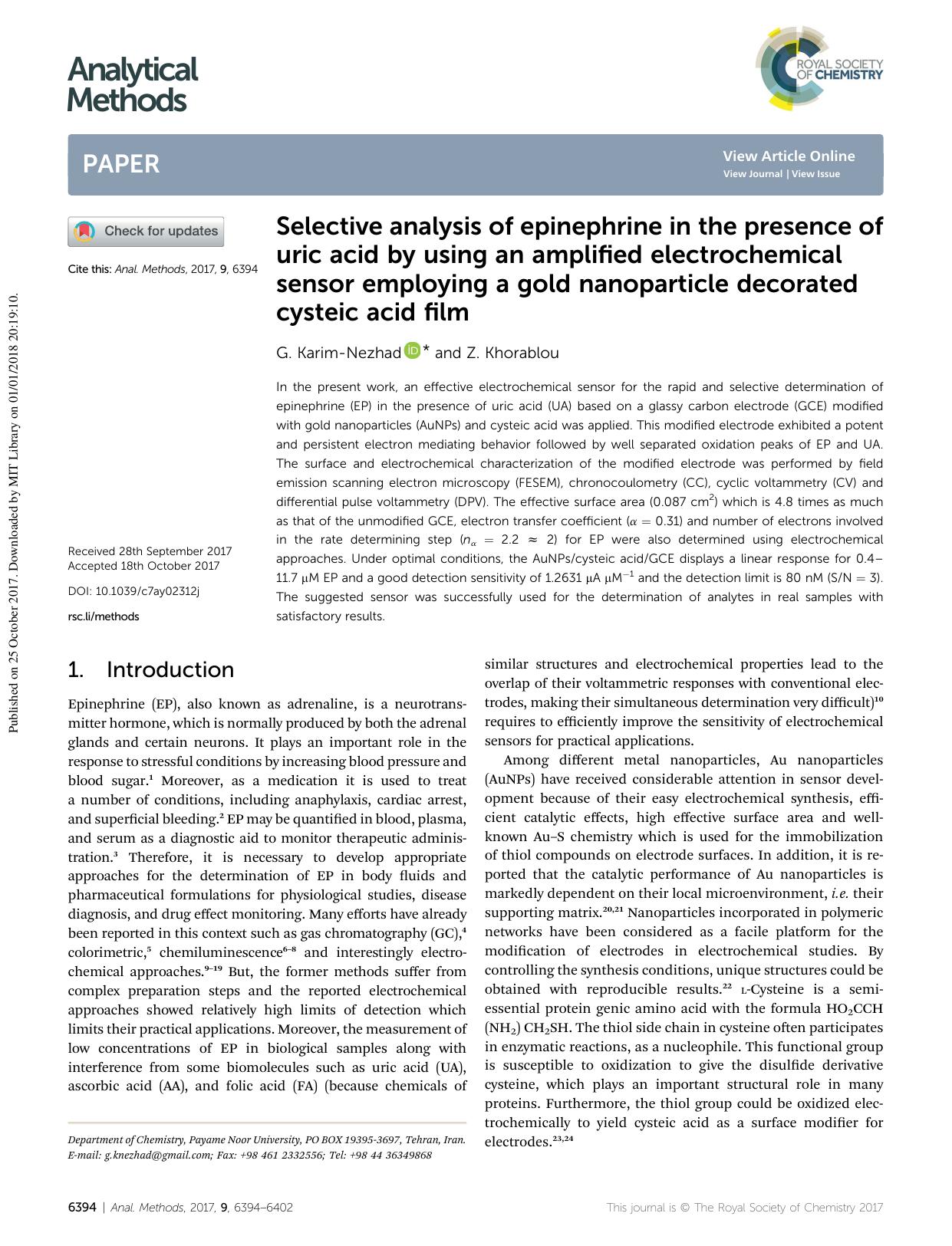 Selective analysis of epinephrine in the presence of uric acid by using an amplified electrochemical sensor employing a gold nanoparticle decorated cysteic acid film by G. Karim-Nezhad & Z. Khorablou