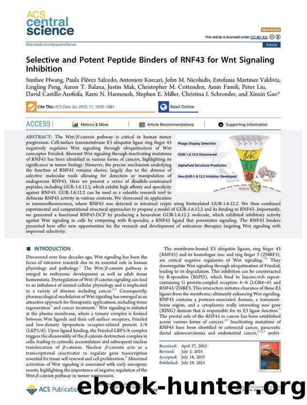 Selective and Potent Peptide Binders of RNF43 for Wnt Signaling Inhibition by unknow