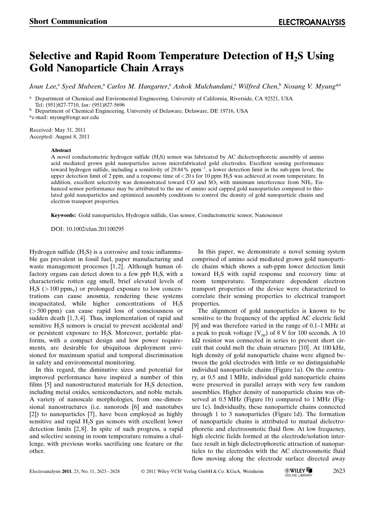 Selective and Rapid Room Temperature Detection of H2S Using Gold Nanoparticle Chain Arrays by Unknown