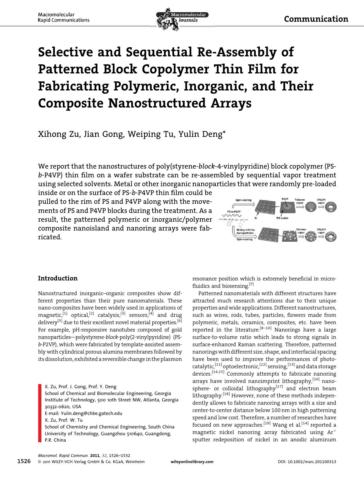 Selective and Sequential ReAssembly of Patterned Block Copolymer Thin Film for Fabricating Polymeric, Inorganic, and Their Composite Nanostructured Arrays by Unknown
