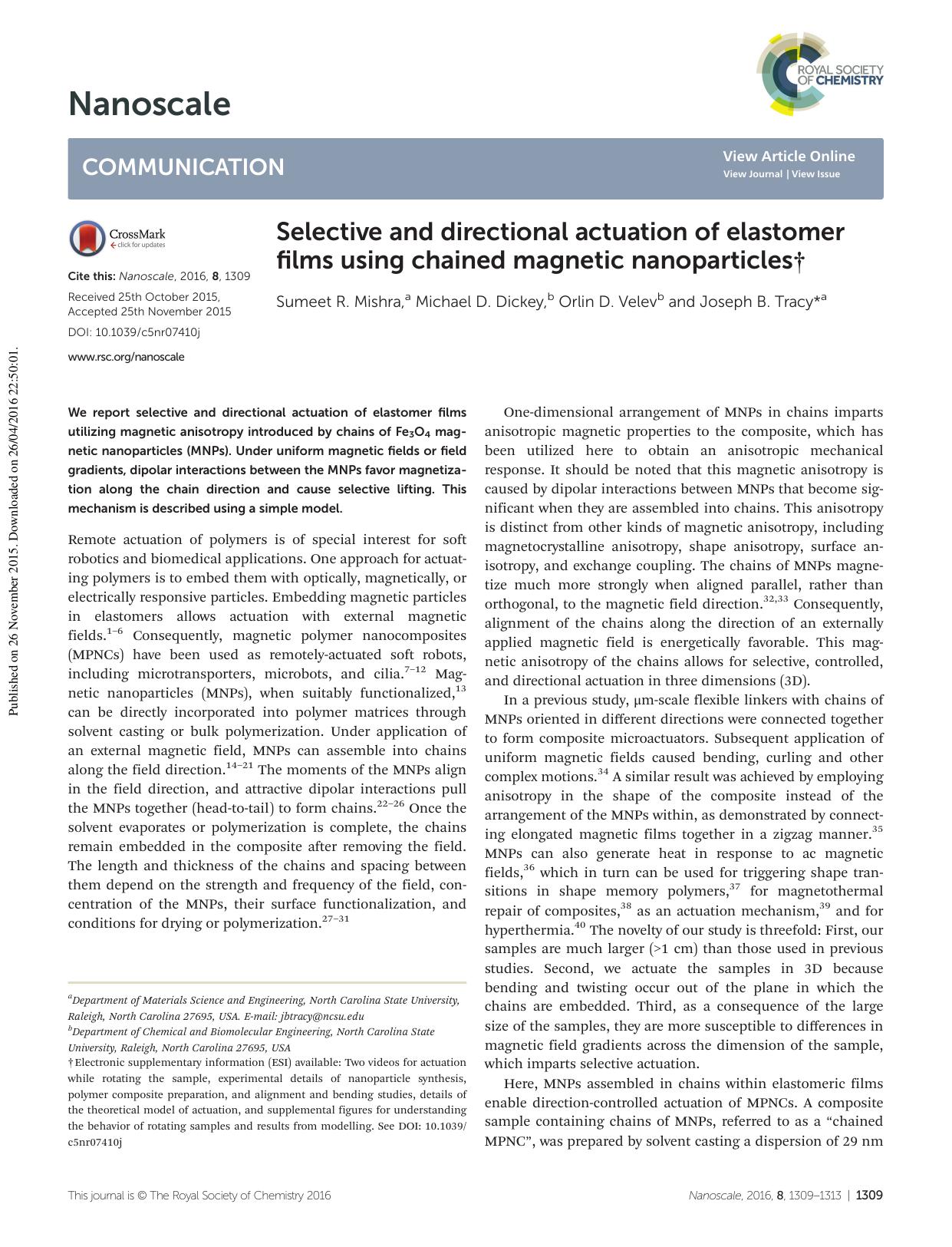 Selective and directional actuation of elastomer films using chained magnetic nanoparticles by Sumeet R. Mishra Michael D. Dickey Orlin D. Velev Joseph B. Tracy