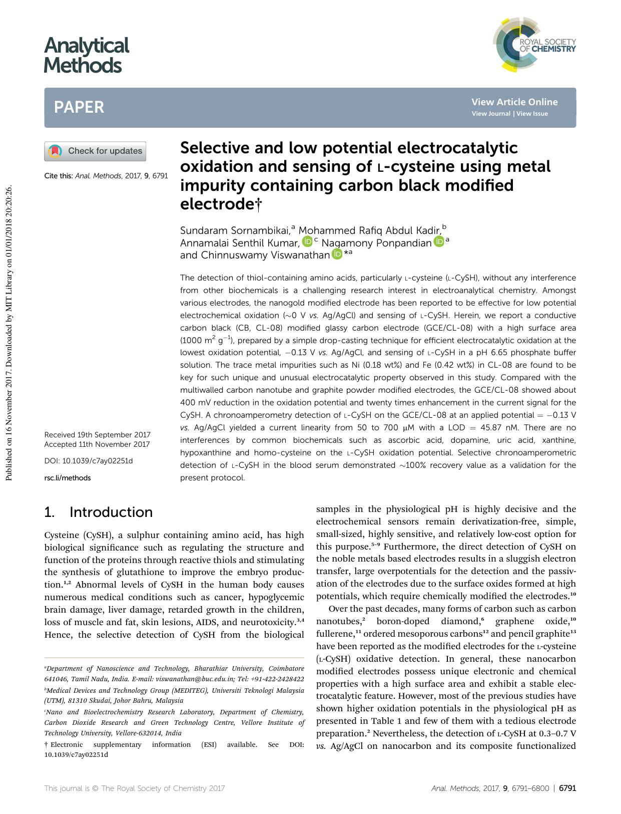 Selective and low potential electrocatalytic oxidation and sensing of l-cysteine using metal impurity containing carbon black modified electrode by unknow