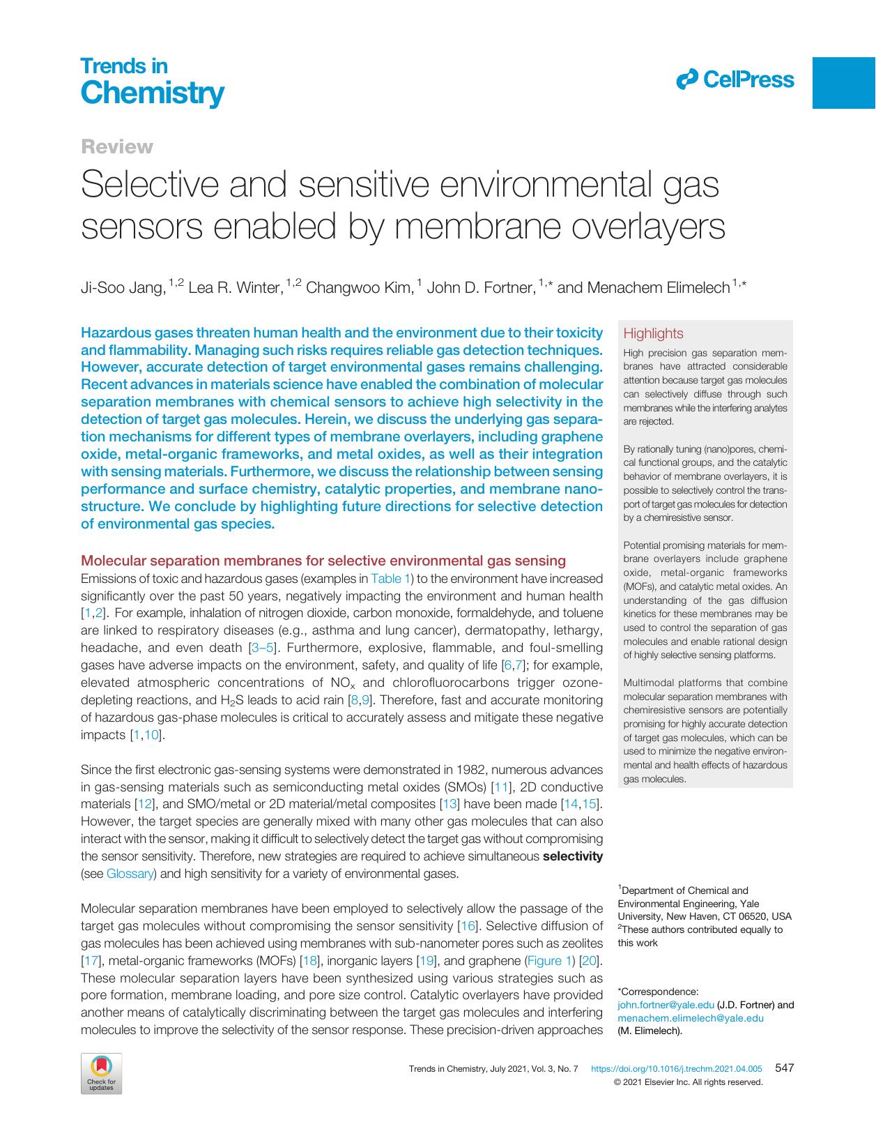 Selective and sensitive environmental gas sensors enabled by membrane overlayers by Ji-Soo Jang & Lea R. Winter & Changwoo Kim & John D. Fortner & Menachem Elimelech