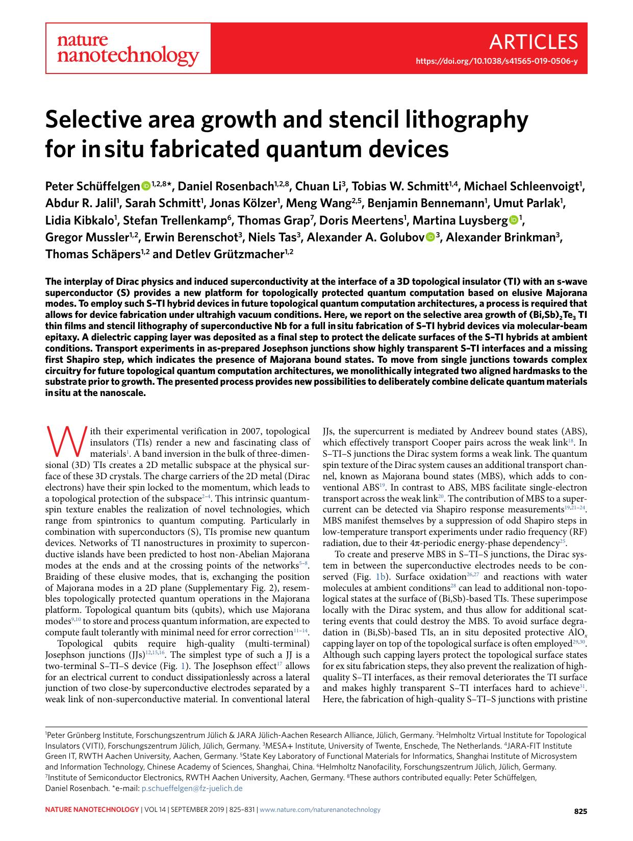 Selective area growth and stencil lithography for in situ fabricated quantum devices by unknow