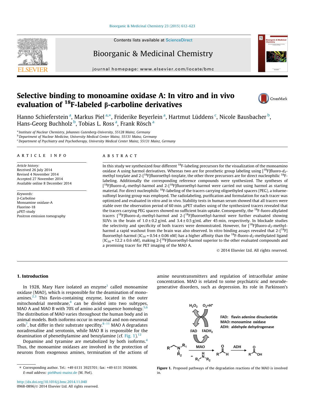 Selective binding to monoamine oxidase A: In vitro and in vivo evaluation of 18F-labeled ÃÂ²-carboline derivatives by unknow