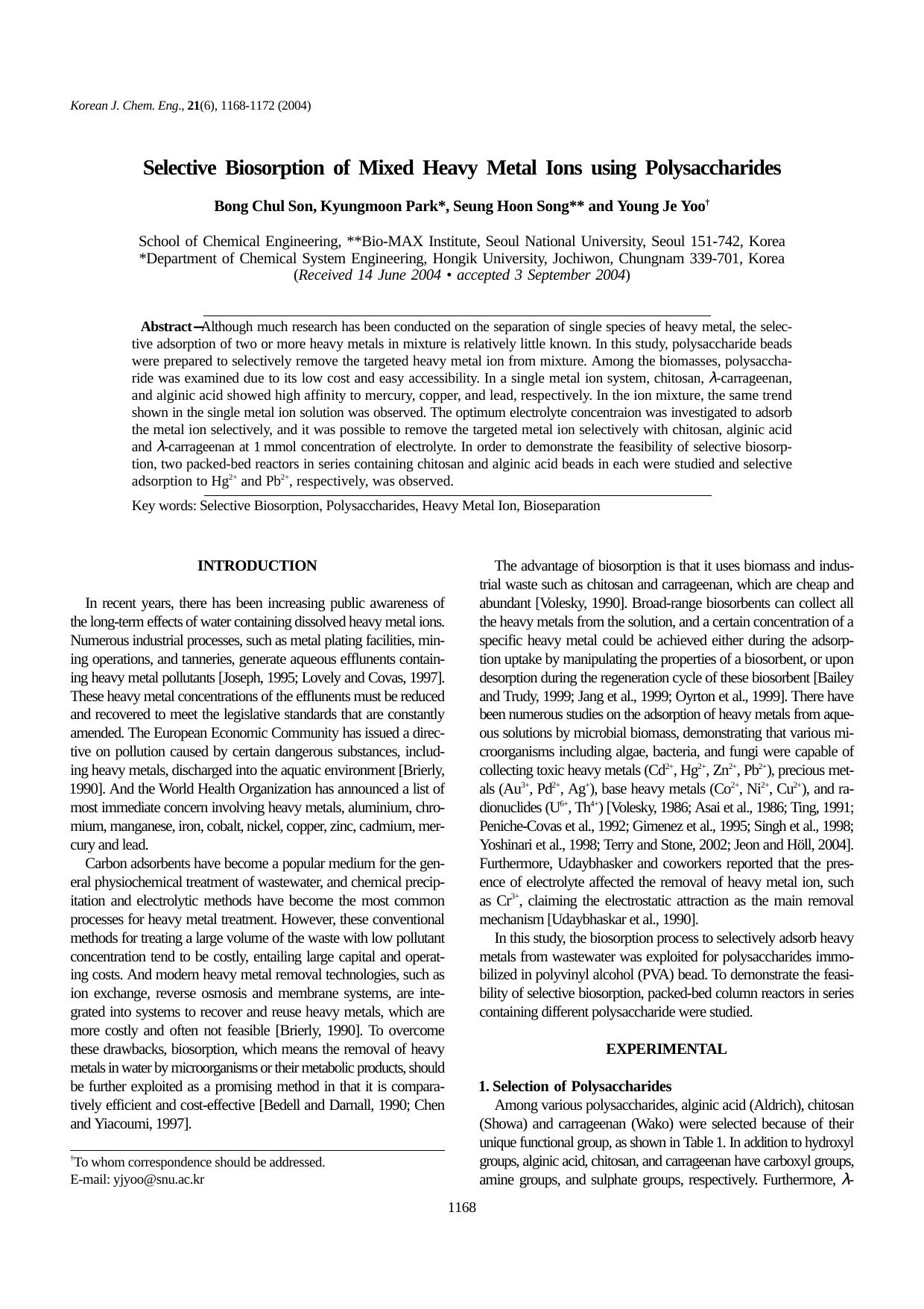 Selective biosorption of mixed heavy metal ions using polysaccharides by Unknown