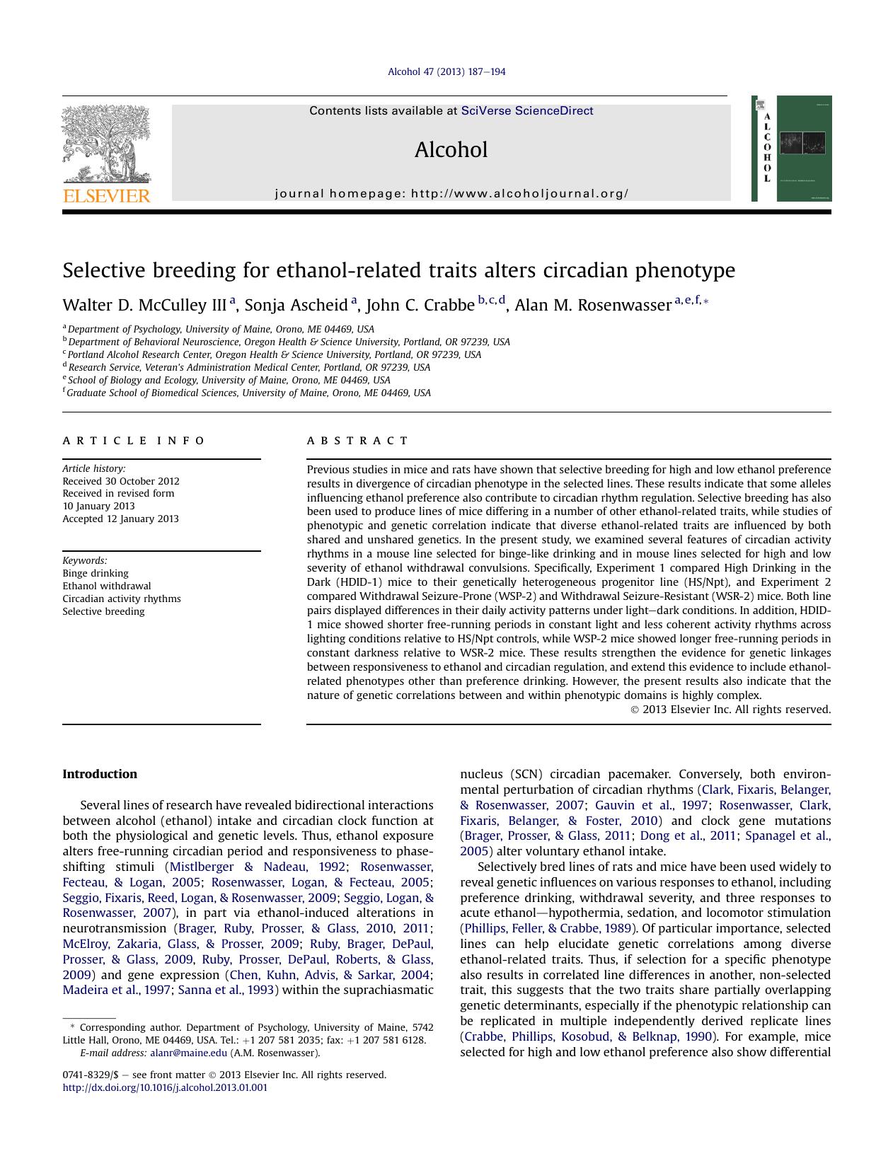 Selective breeding for ethanol-related traits alters circadian phenotype by Walter D. McCulley III & Sonja Ascheid & John C. Crabbe & Alan M. Rosenwasser