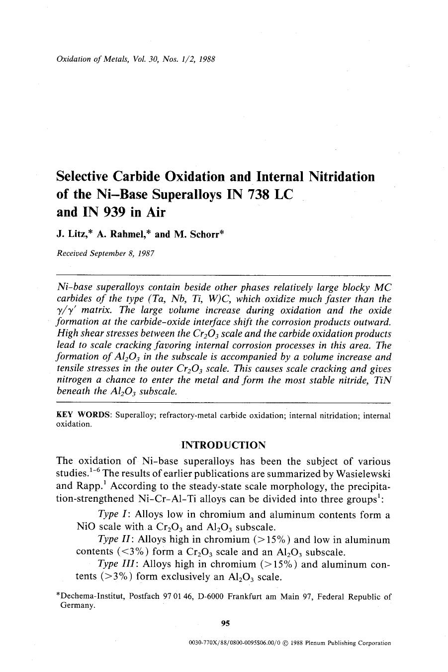 Selective carbide oxidation and internal nitridation of the Ni-base superalloys IN 738 LC and IN 939 in air by Unknown
