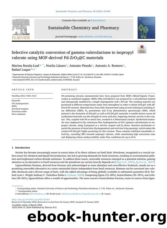 Selective catalytic conversion of gamma-valerolactone to isopropyl valerate using MOF-derived Pd-ZrO2@C materials by Marina Ronda-Leal & Noelia Lázaro & Antonio Pineda & Antonio A. Romero & Rafael Luque