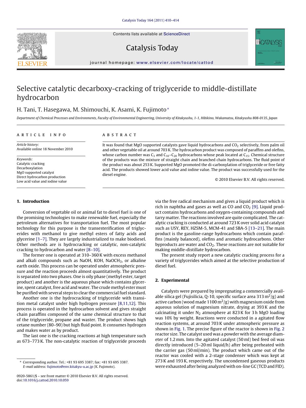 Selective catalytic decarboxy-cracking of triglyceride to middle-distillate hydrocarbon by H. Tani