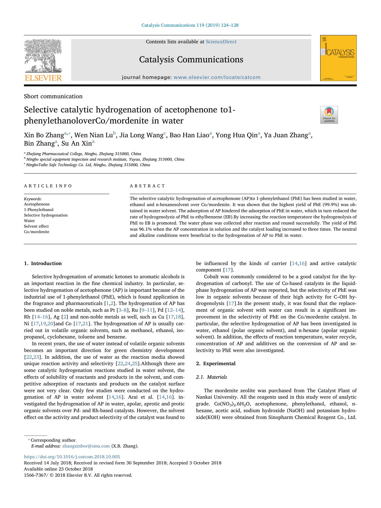 Selective catalytic hydrogenation of acetophenone to1-phenylethanoloverComordenite in water by unknow