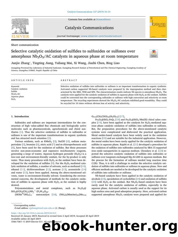 Selective catalytic oxidation of sulfides to sulfoxides or sulfones over amorphous Nb2O5AC catalysts in aqueous phase at room temperature by Junjie Zhang & Tingting Jiang & Yuliang Mai & Xi Wang & Jiazhi Chen & Bing Liao