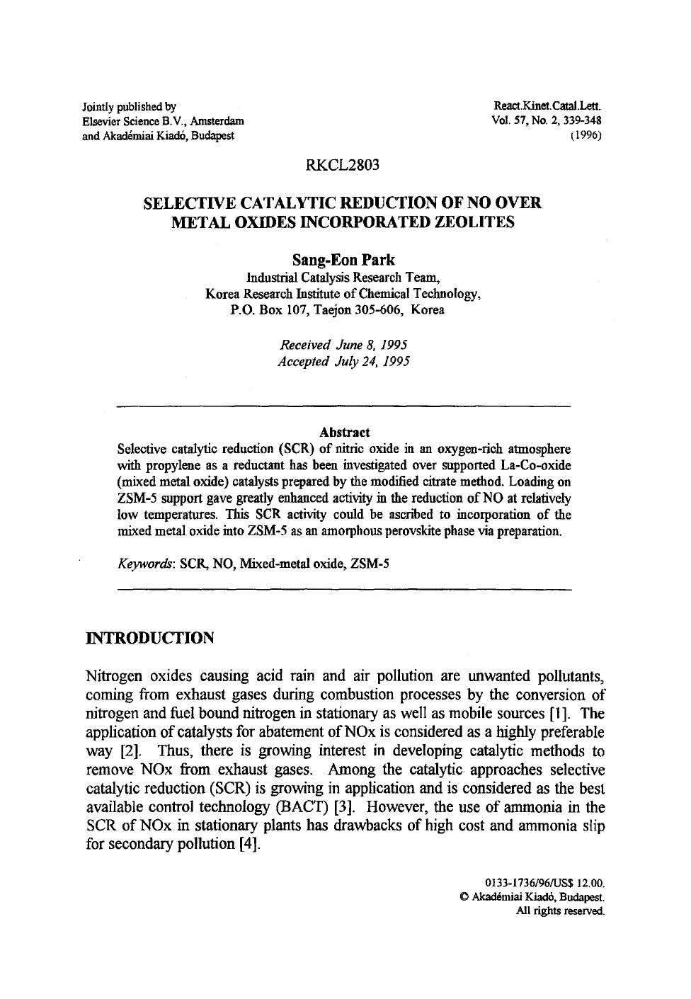 Selective catalytic reduction of NO over metal oxides incorporated zeolites by Unknown