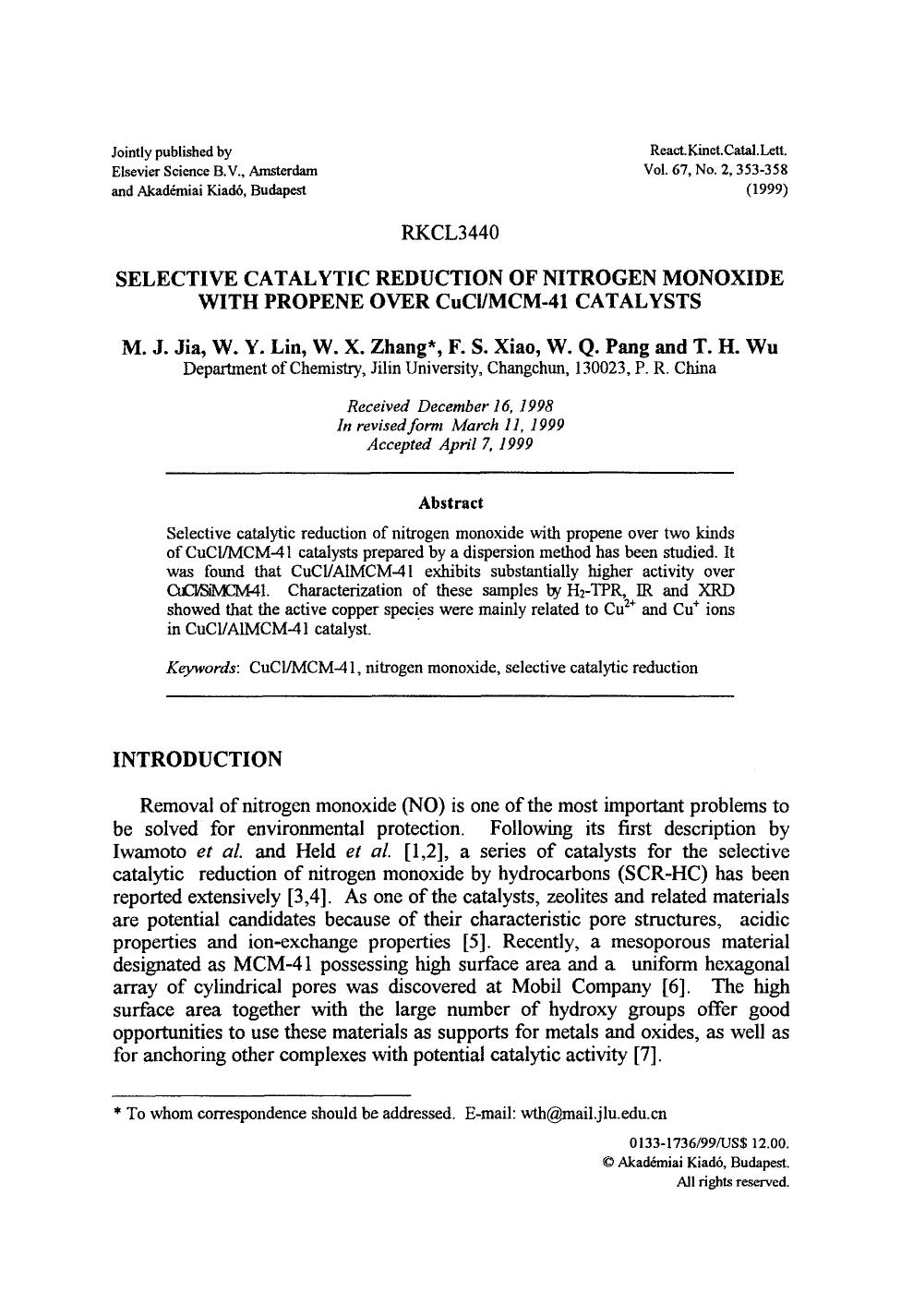 Selective catalytic reduction of nitrogen monoxide with propene over CuClMCM-41 catalysts by Unknown