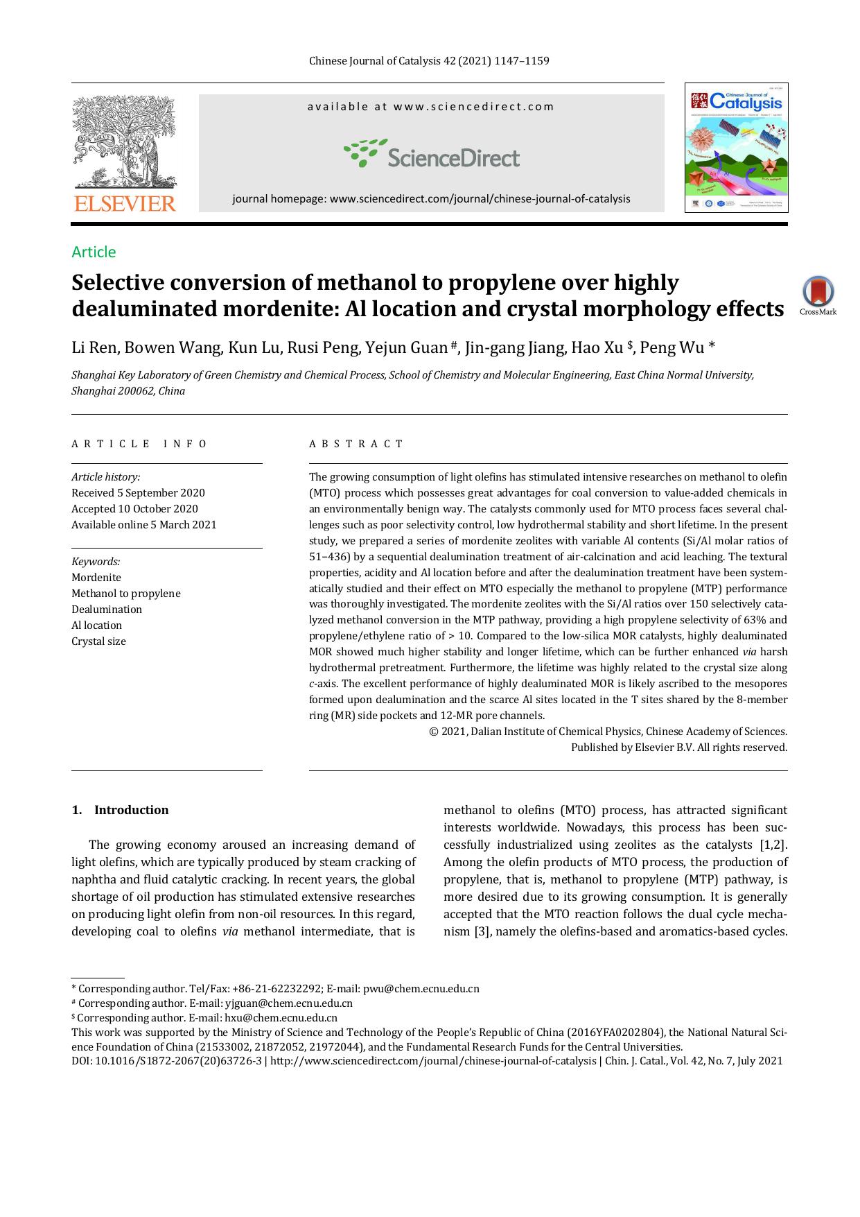 Selective conversion of methanol to propylene over highly dealuminated mordenite: Al location and crystal morphology effects by Li Ren & Bowen Wang & Kun Lu & Rusi Peng & Yejun Guan & Jin-gang Jiang & Hao Xu & Peng Wu