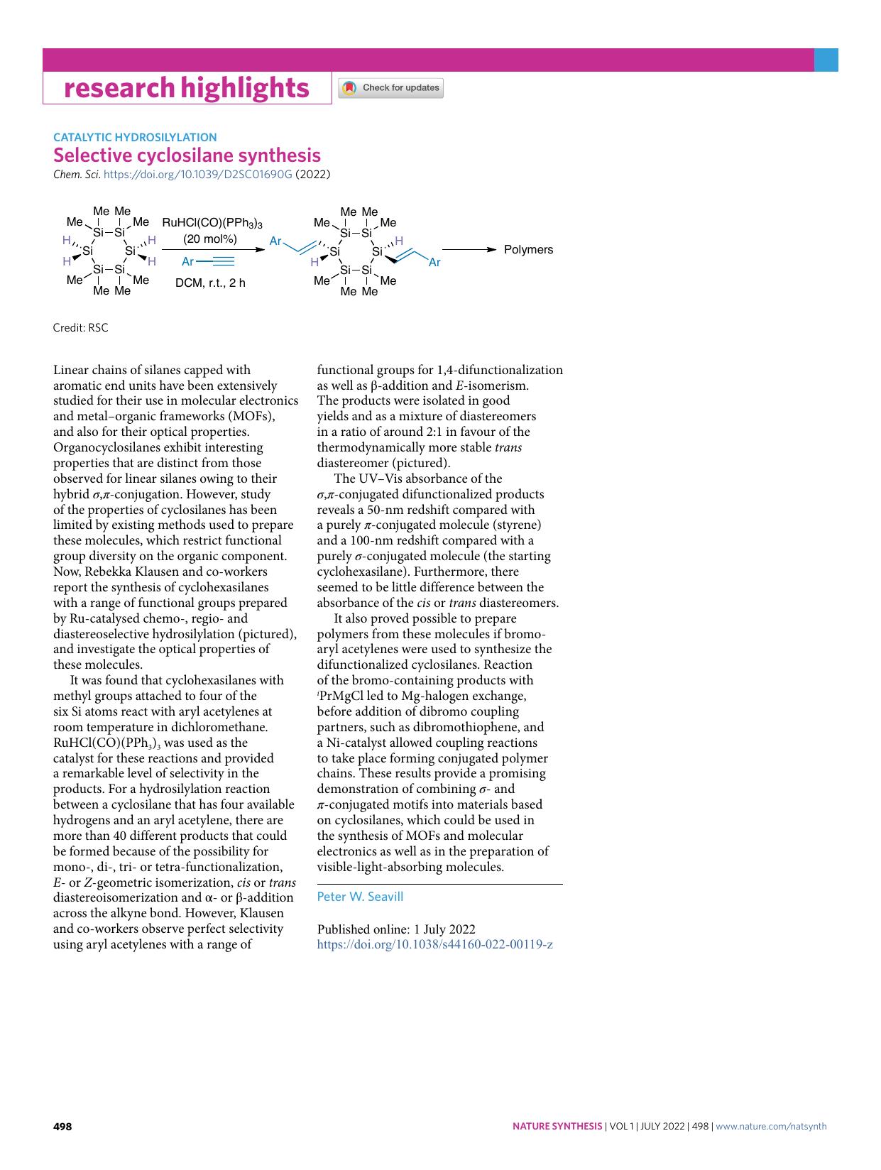 Selective cyclosilane synthesis by Peter W. Seavill