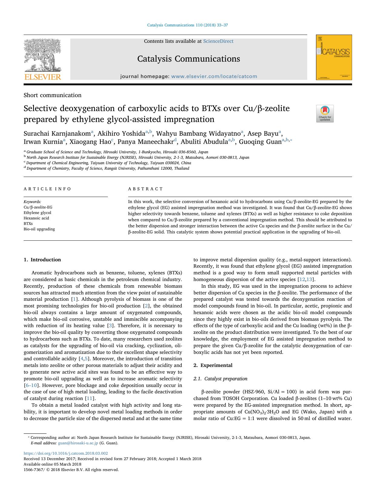 Selective deoxygenation of carboxylic acids to BTXs over CuÎ²-zeolite prepared by ethylene glycol-assisted impregnation by unknow
