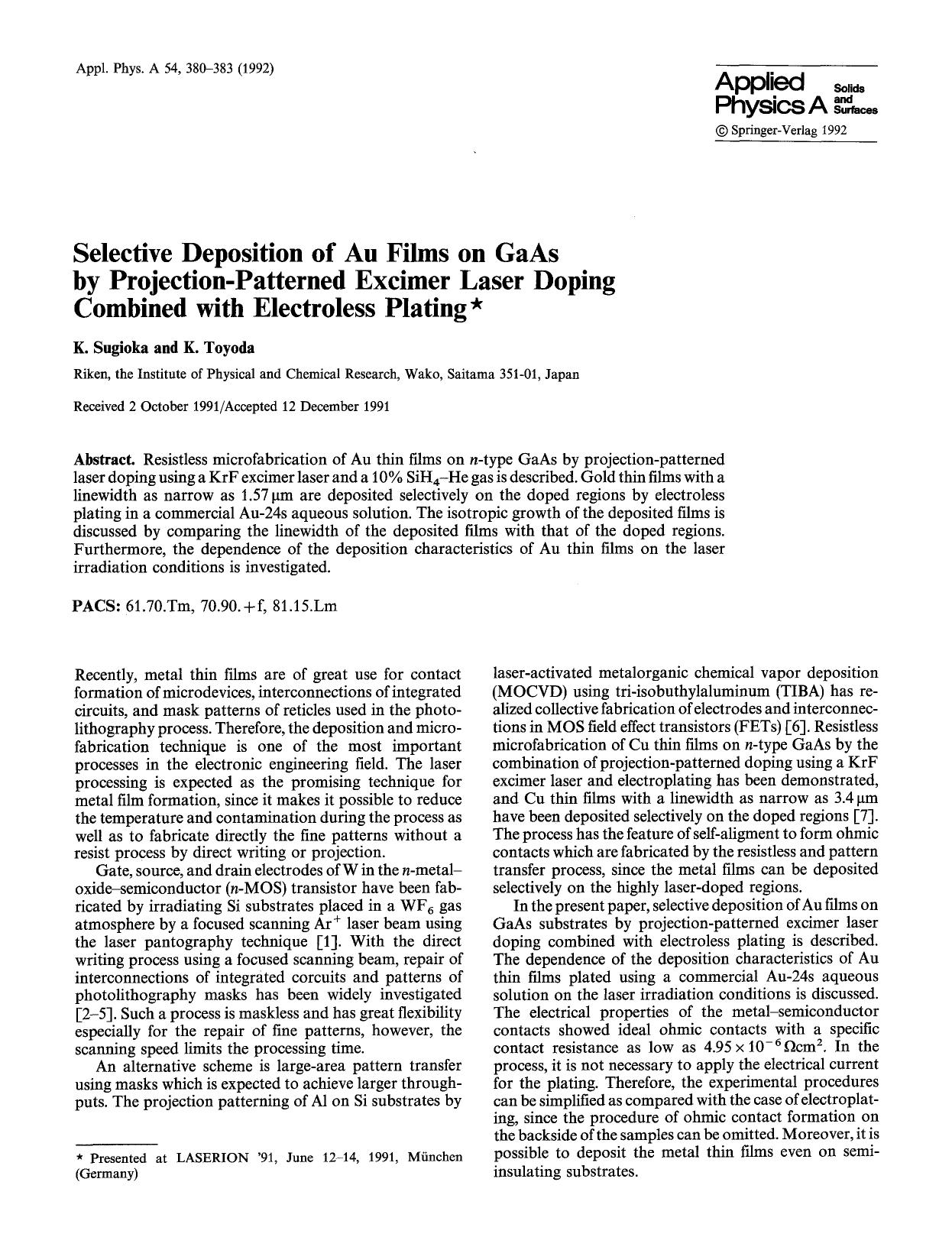 Selective deposition of Au films on GaAs by projection-patterned excimer laser doping combined with electroless plating by Unknown