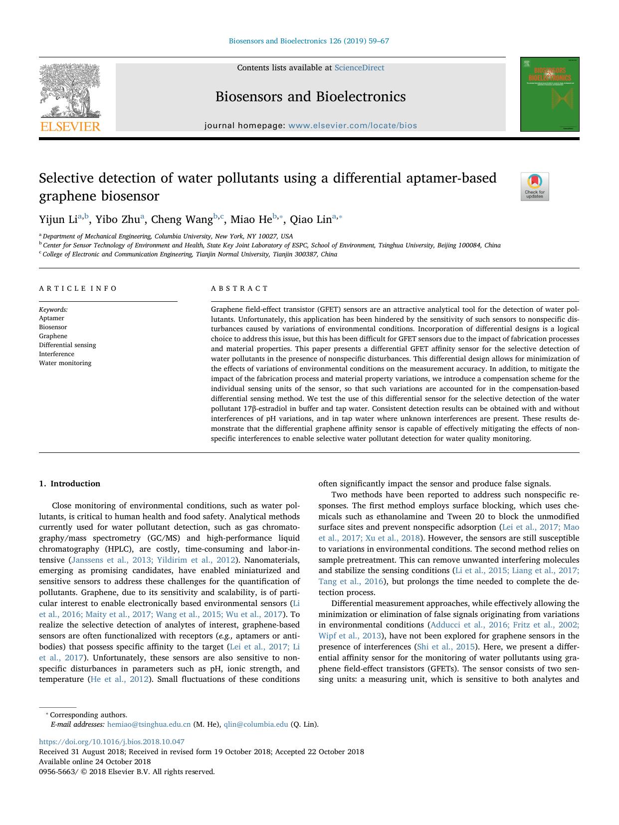 Selective detection of water pollutants using a differential aptamer-based graphene biosensor by Yijun Li & Yibo Zhu & Cheng Wang & Miao He & Qiao Lin