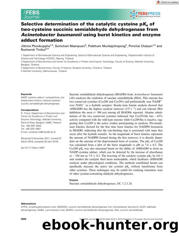 Selective determination of the catalytic cysteine pKa of twoâcysteine succinic semialdehyde dehydrogenase from Acinetobacter baumannii using burst kinetics and enzyme adduct formation by Unknown