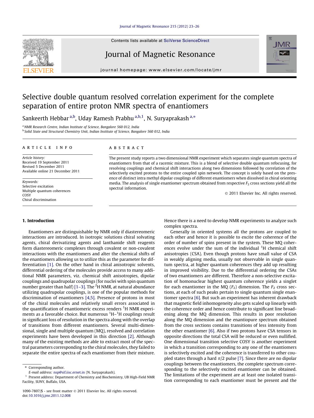Selective double quantum resolved correlation experiment for the complete separation of entire proton NMR spectra of enantiomers by Sankeerth Hebbar & Uday Ramesh Prabhu & N. Suryaprakash