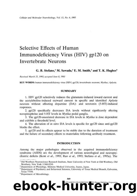 Selective effects of human immunodeficiency virus (HIV) gp120 on invertebrate neurons by Unknown