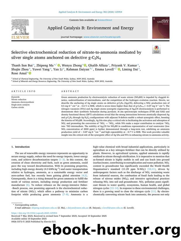 Selective electrochemical reduction of nitrate-to-ammonia mediated by silver single atoms anchored on defective g-C3N4 by unknow
