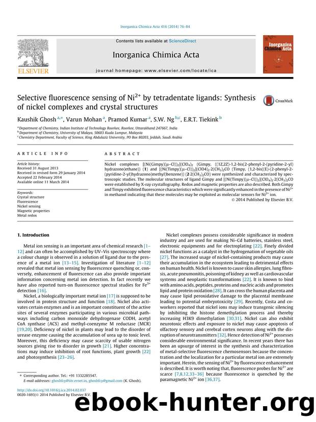 Selective fluorescence sensing of Ni2+ by tetradentate ligands: Synthesis of nickel complexes and crystal structures by Kaushik Ghosh & Varun Mohan & Pramod Kumar & S.W. Ng & E.R.T. Tiekink