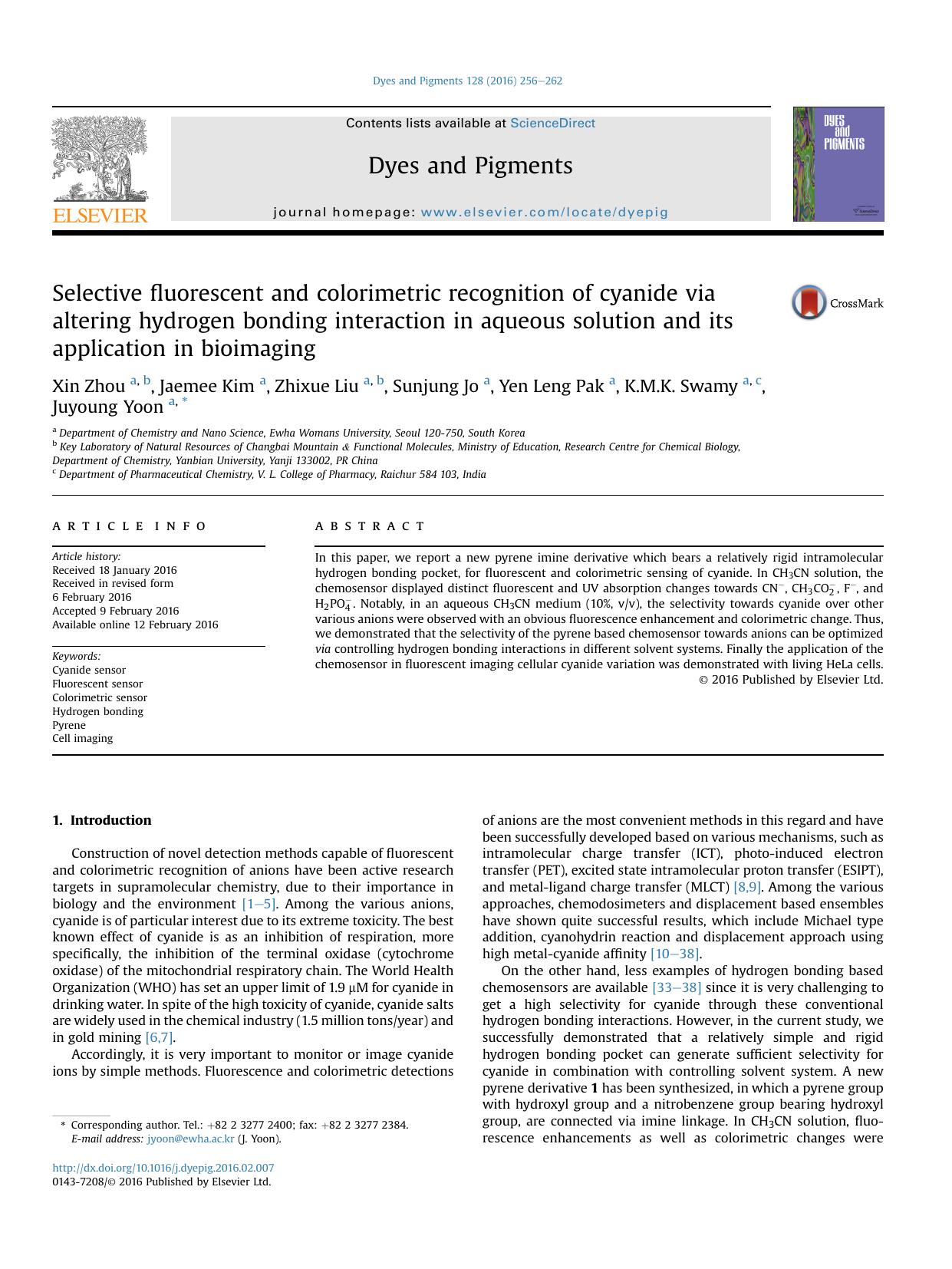 Selective fluorescent and colorimetric recognition of cyanide via altering hydrogen bonding interaction in aqueous solution and its application in bioimaging by Xin Zhou & Jaemee Kim & Zhixue Liu & Sunjung Jo & Yen Leng Pak & K.M.K. Swamy & Juyoung Yoon