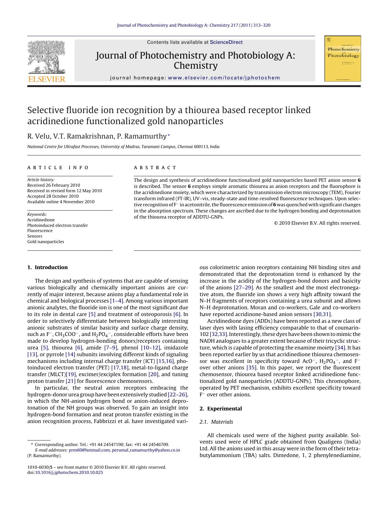 Selective fluoride ion recognition by a thiourea based receptor linked acridinedione functionalized gold nanoparticles by R. Velu