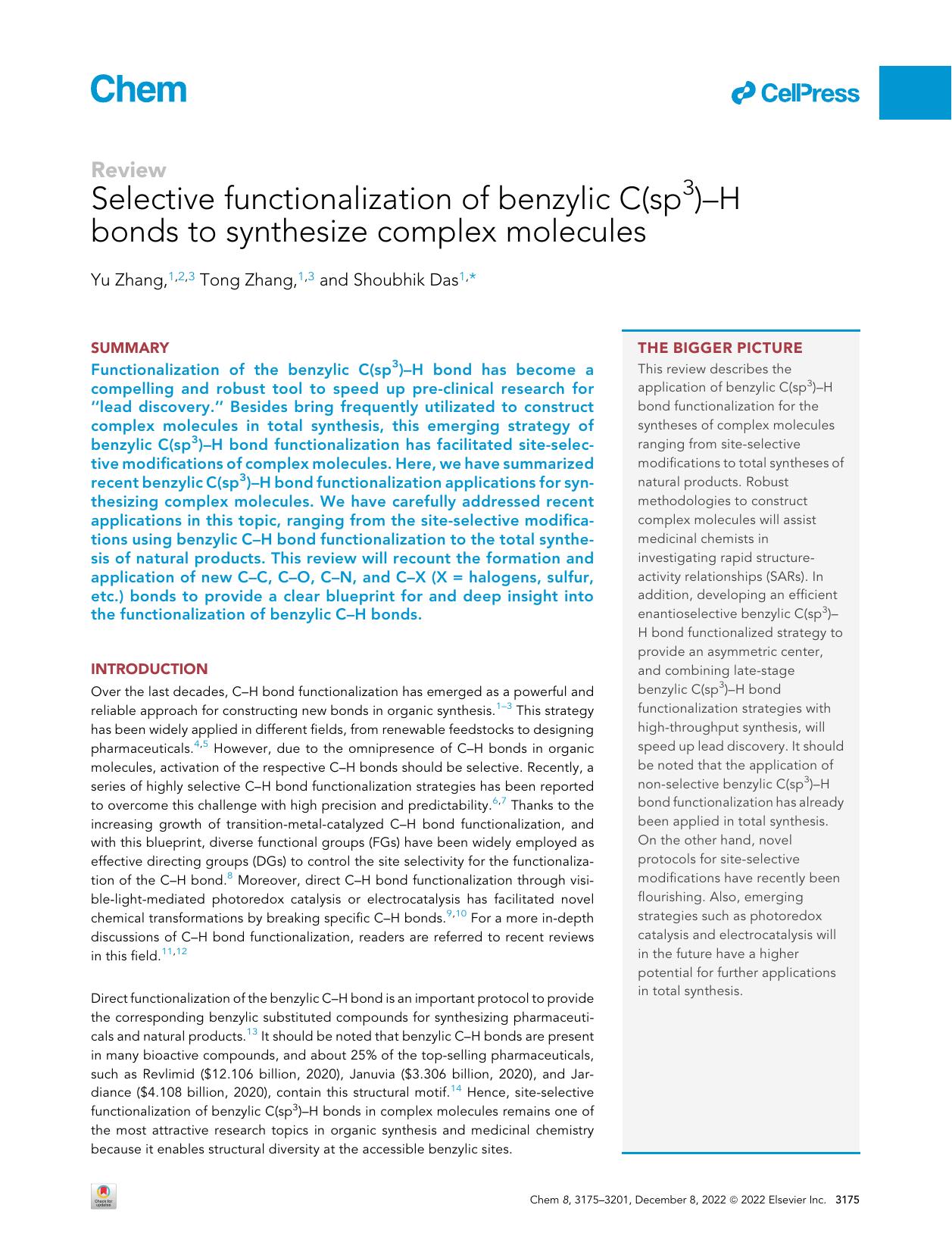 Selective functionalization of benzylic C(sp3)-H bonds to synthesize complex molecules by Yu Zhang & Tong Zhang & Shoubhik Das