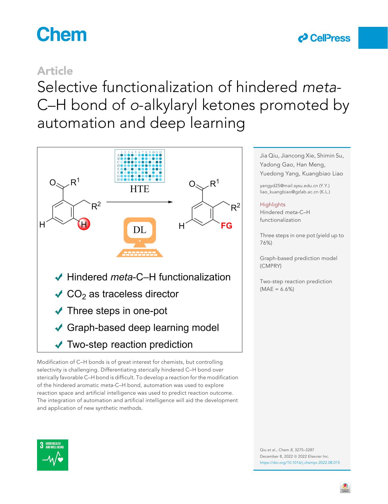 Selective functionalization of hindered meta-C-H bond of o-alkylaryl ketones promoted by automation and deep learning by Jia Qiu & Jiancong Xie & Shimin Su & Yadong Gao & Han Meng & Yuedong Yang & Kuangbiao Liao