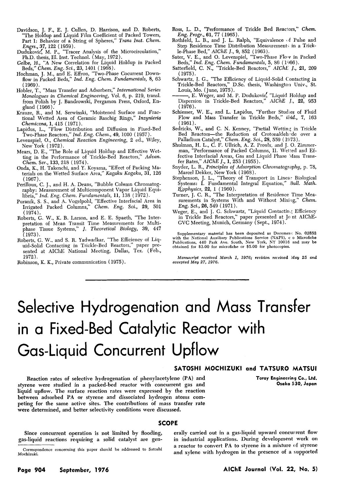 Selective hydrogenation and mass transfer in a fixed-bed catalytic reactor with gas-liquid concurrent upflow by Unknown