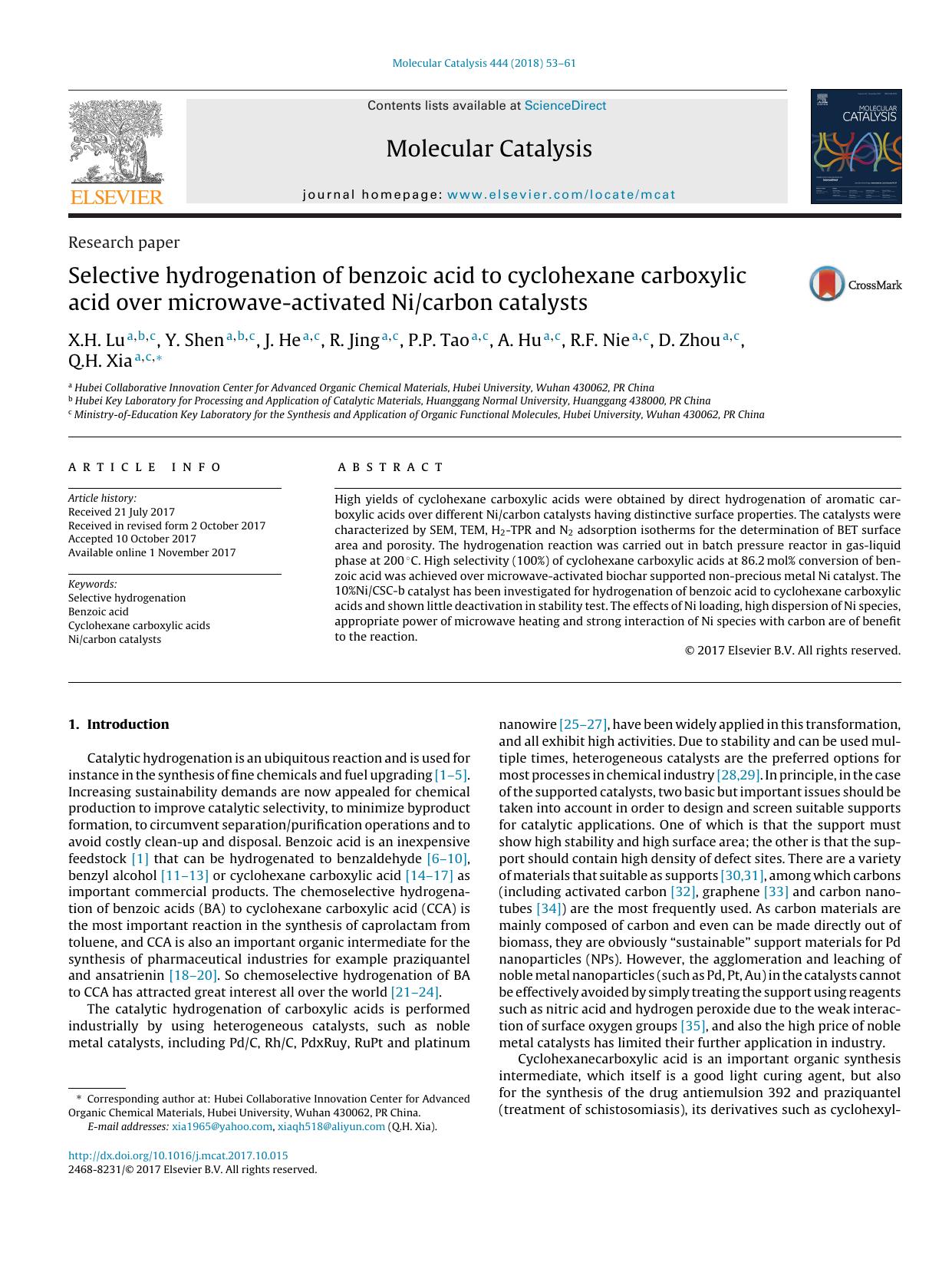 Selective hydrogenation of benzoic acid to cyclohexane carboxylic acid over microwave-activated Nicarbon catalysts by X.H. Lu & Y. Shen & J. He & R. Jing & P.P. Tao & A. Hu & R.F. Nie & D. Zhou & Q.H. Xia