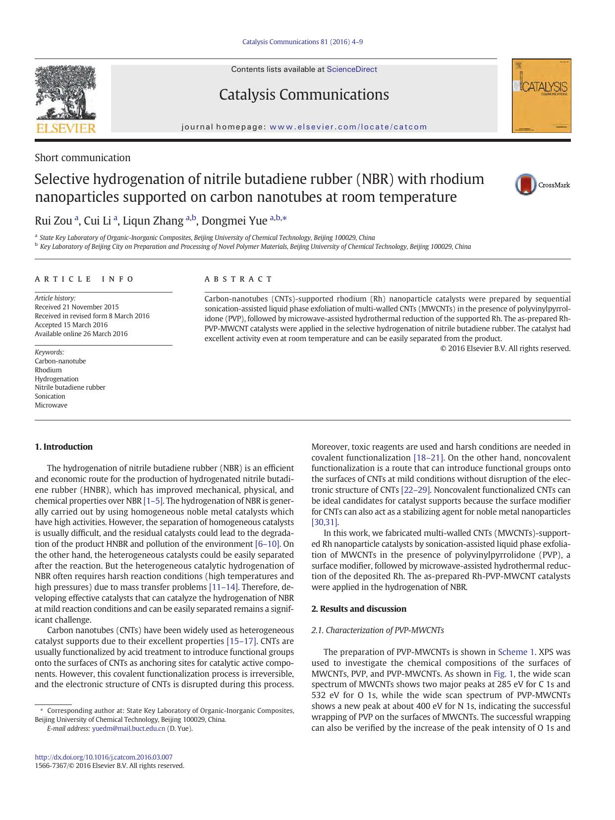 Selective hydrogenation of nitrile butadiene rubber (NBR) with rhodium nanoparticles supported on carbon nanotubes at room temperature by Rui Zou & Cui Li & Liqun Zhang & Dongmei Yue