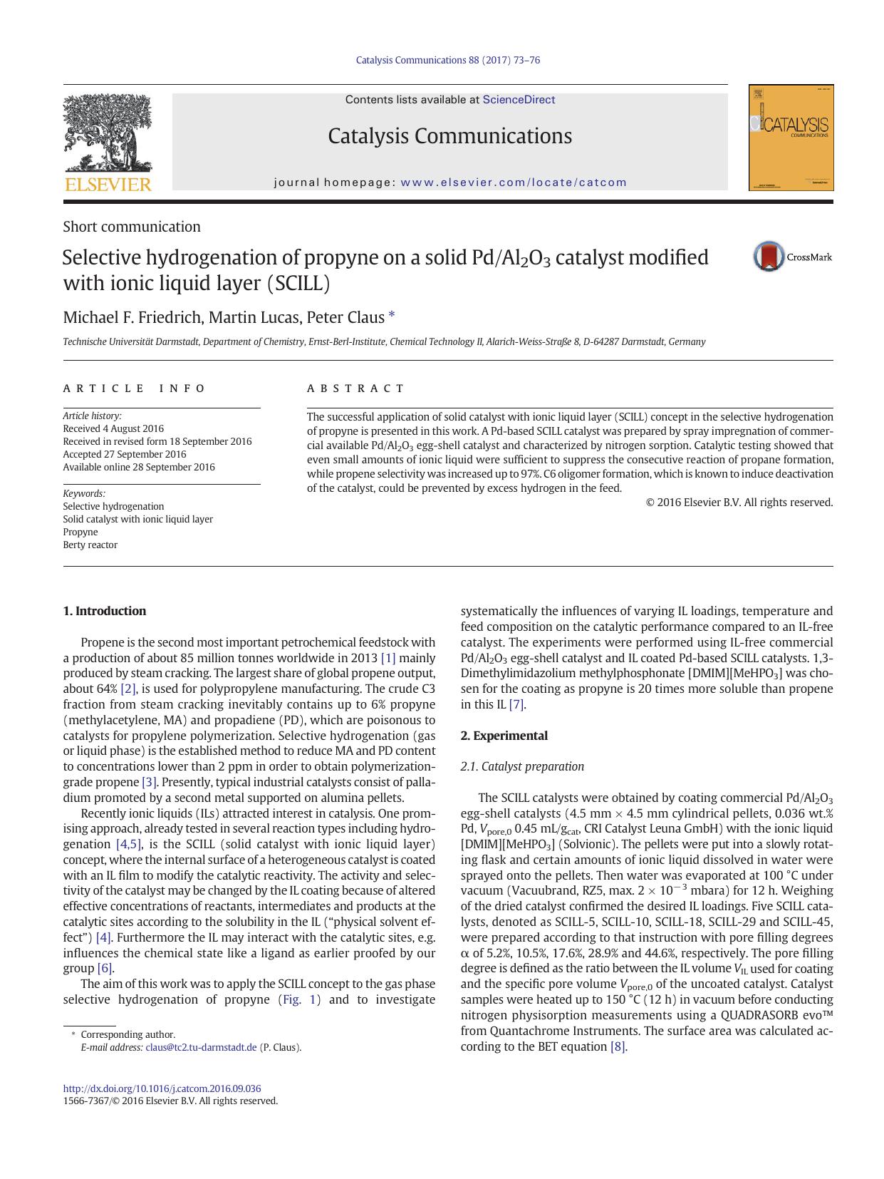 Selective hydrogenation of propyne on a solid PdAl2O3 catalyst modified with ionic liquid layer (SCILL) by Michael F. Friedrich & Martin Lucas & Peter Claus
