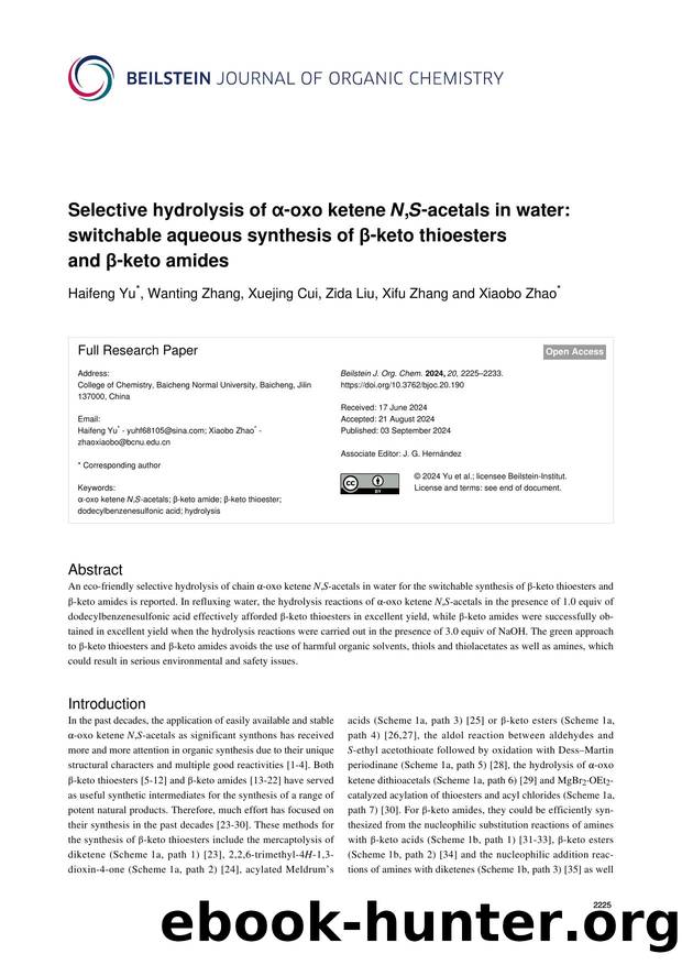 Selective hydrolysis of Î±-oxo ketene N,S-acetals in water: switchable aqueous synthesis of Î²-keto thioesters and Î²-keto amides by Haifeng Yu Wanting Zhang Xuejing Cui Zida Liu Xifu Zhang Xiaobo Zhao