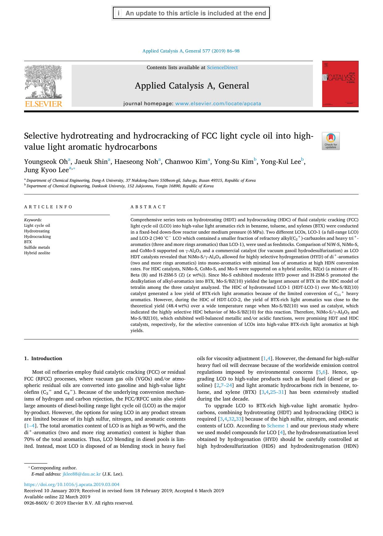 Selective hydrotreating and hydrocracking of FCC light cycle oil into high-value light aromatic hydrocarbons by Youngseok Oh & Jaeuk Shin & Haeseong Noh & Chanwoo Kim & Yong-Su Kim & Yong-Kul Lee & Jung Kyoo Lee